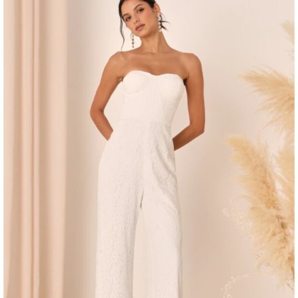 LULUS Eternal Perfection White Lace Strapless Bustier Jumpsuit